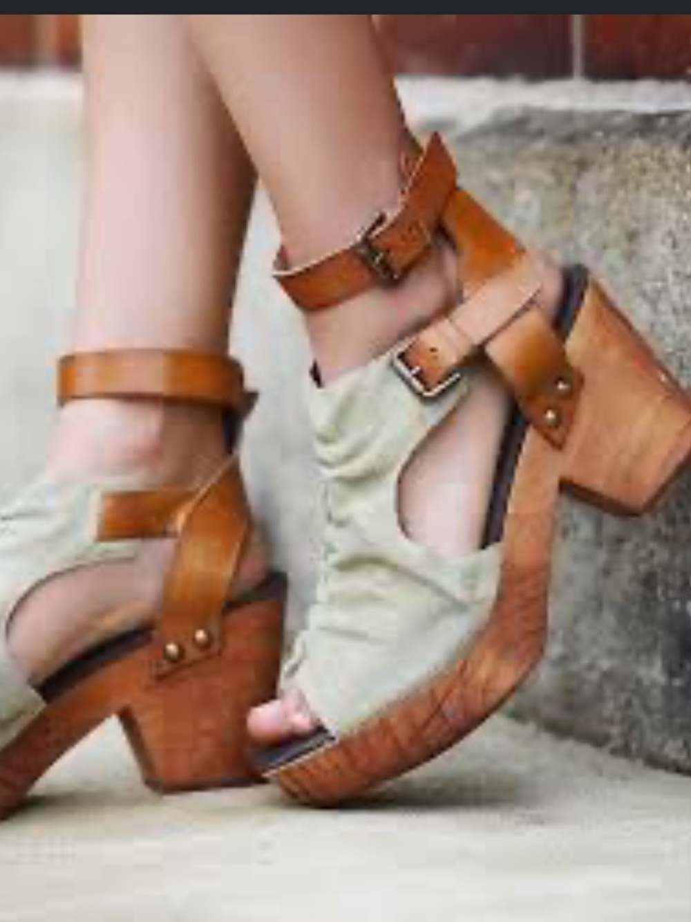 Free People Tan Leather and Cream Suede Chunky Heel Mules